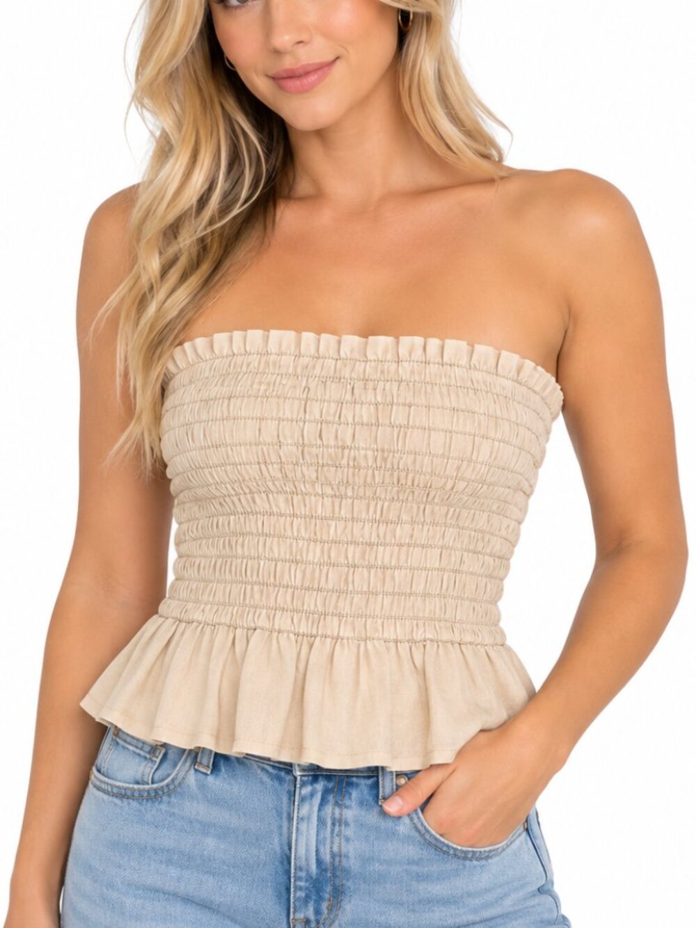 YFB Beige Linen Blend Smocked Strapless Tube Top Size Medium